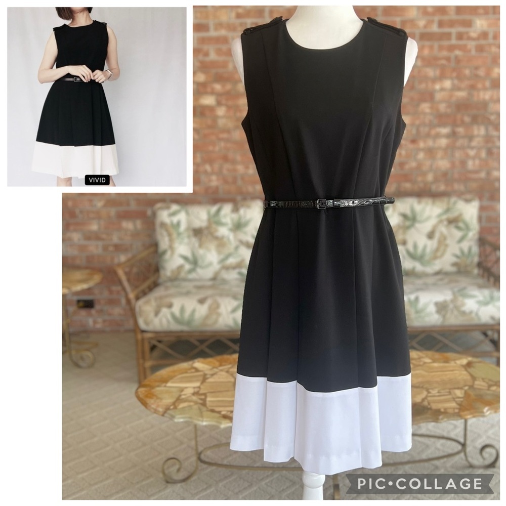Calvin Klein Dress Color Block Knee Length Black White Sleeveless Belted 8